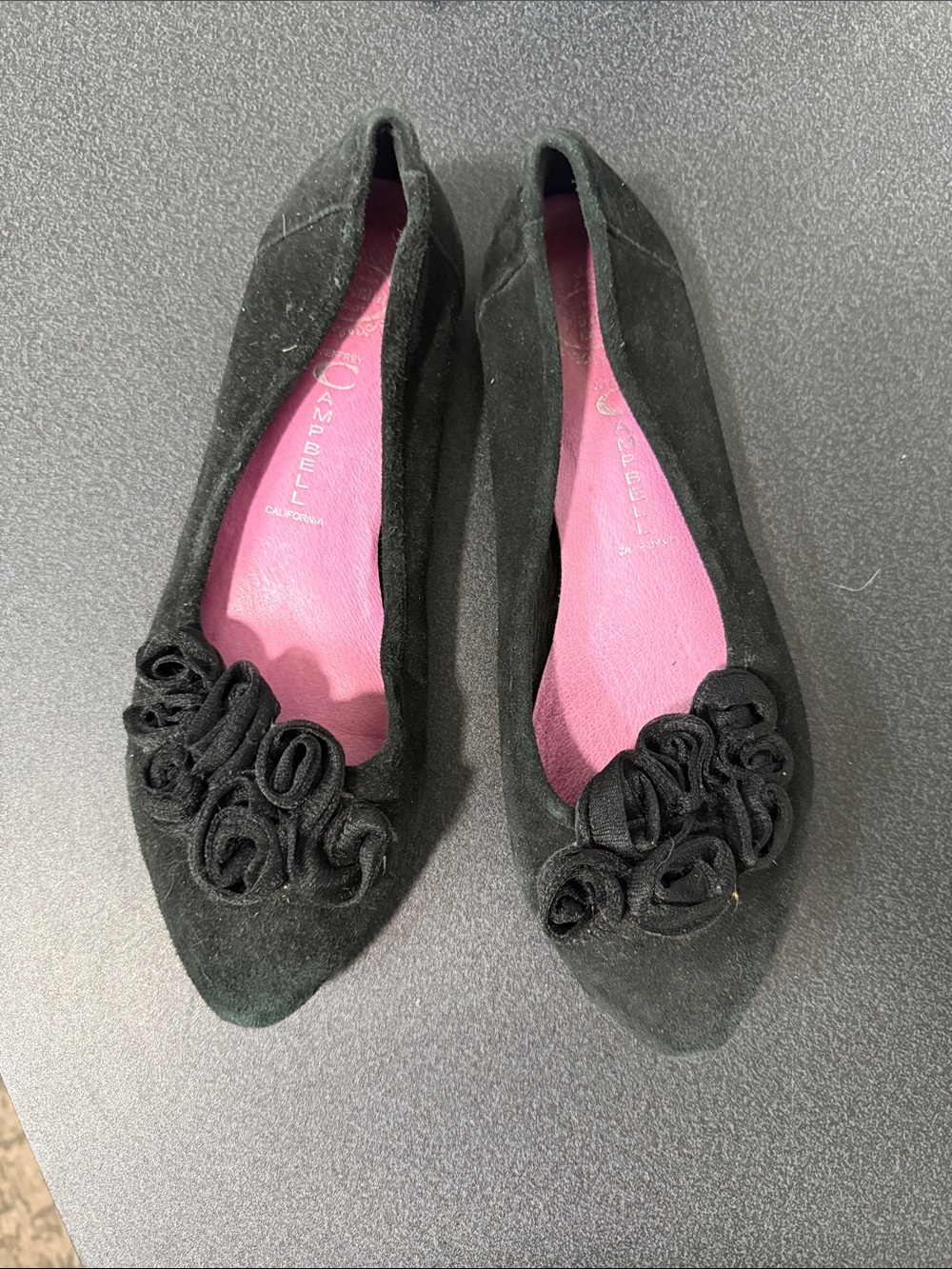 Jeffrey Campbell Black Suede Pointed Flats with Rosette Detail